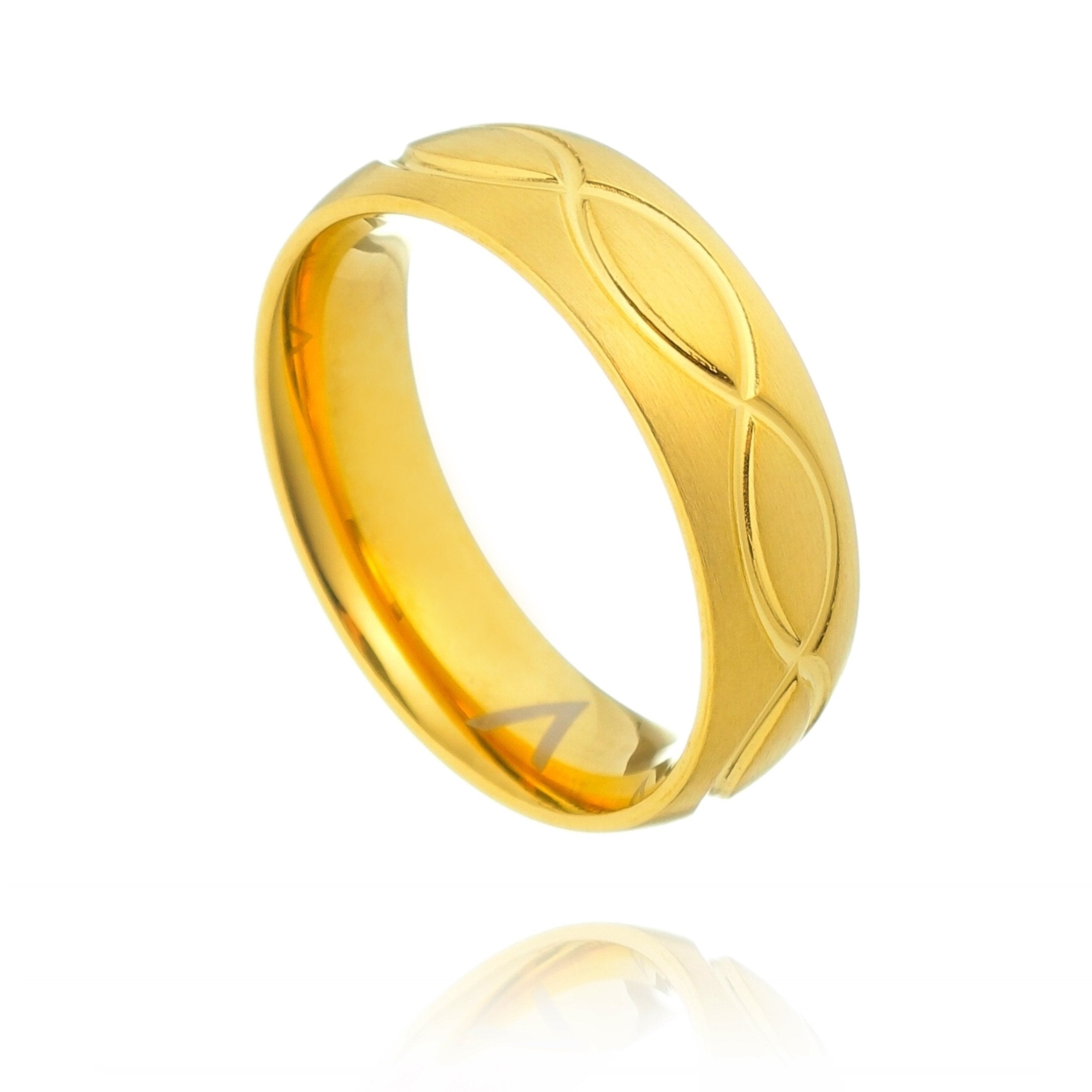 ALIANÇA BASIC ABAULADA FRISO INFINITO AÇO ESCOVADO COM BANHO DE OURO 6MM