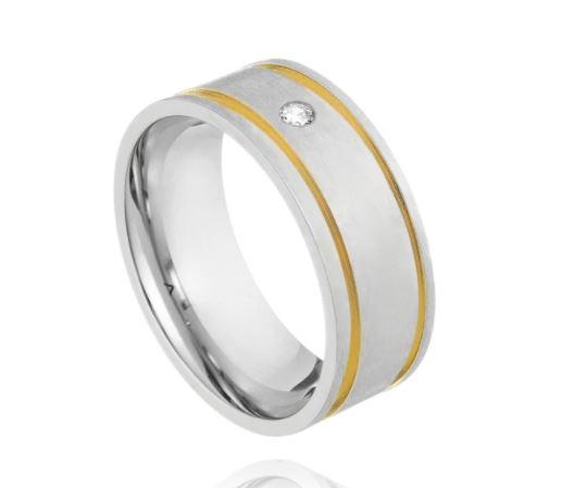ALIANÇA BASIC RETA COM DUPLO FILETE DOURADO E ZIRCÔNIA AÇO ESCOVADO 8MM
