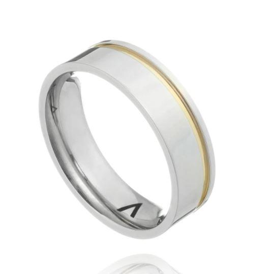 ALIANÇA BASIC RETA AÇO ESCOVADO COM FILETE DOURADO LATERAL DE 6MM