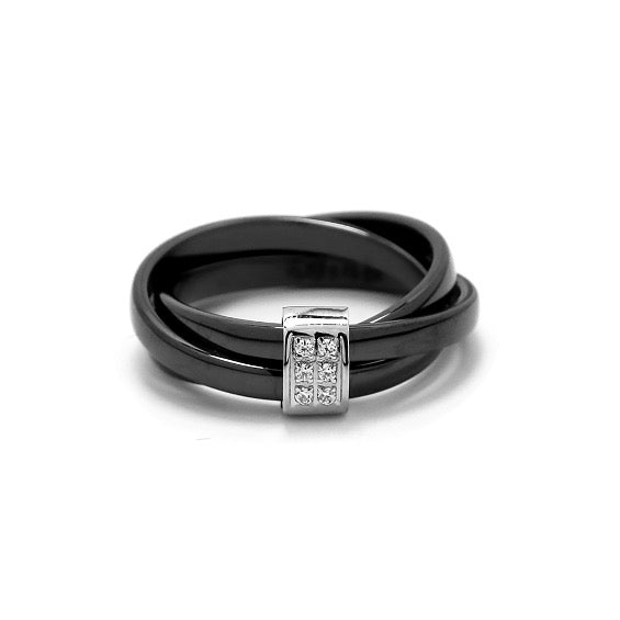 ANEL CERÂMICA FIO DUPLO PRETO COM ZIRCÔNIAS