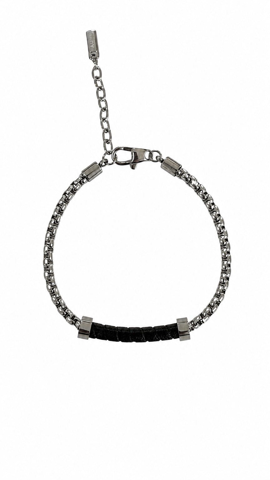 PULSEIRA MAN STYLE VENEZIANA MEIA CANA 3,5MM DETALHE CENTRAL EM COURO