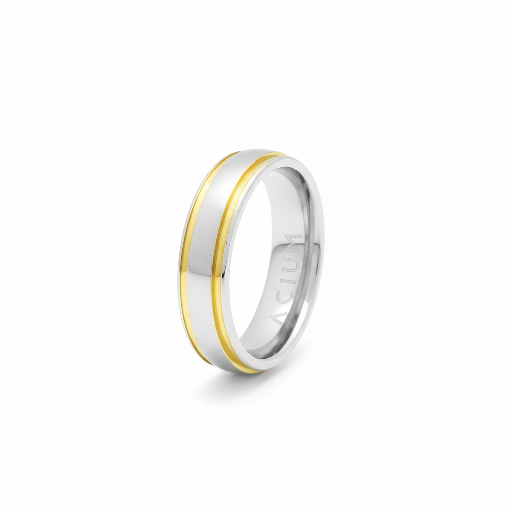 ALIANÇA BASIC ABAULADA AÇO COM DUPLO FILETE DOURADO 6MM