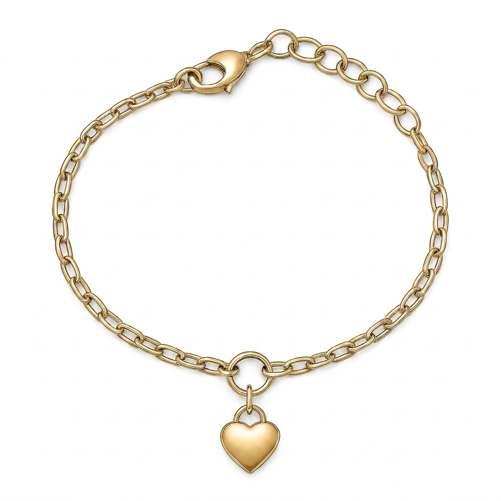 TORNOZELEIRA PRIME DUPLO ELO CADEADA CLIP 3.5MM E FÍGARO 5MM PENDENTE CORAÇÃO ABAULADO