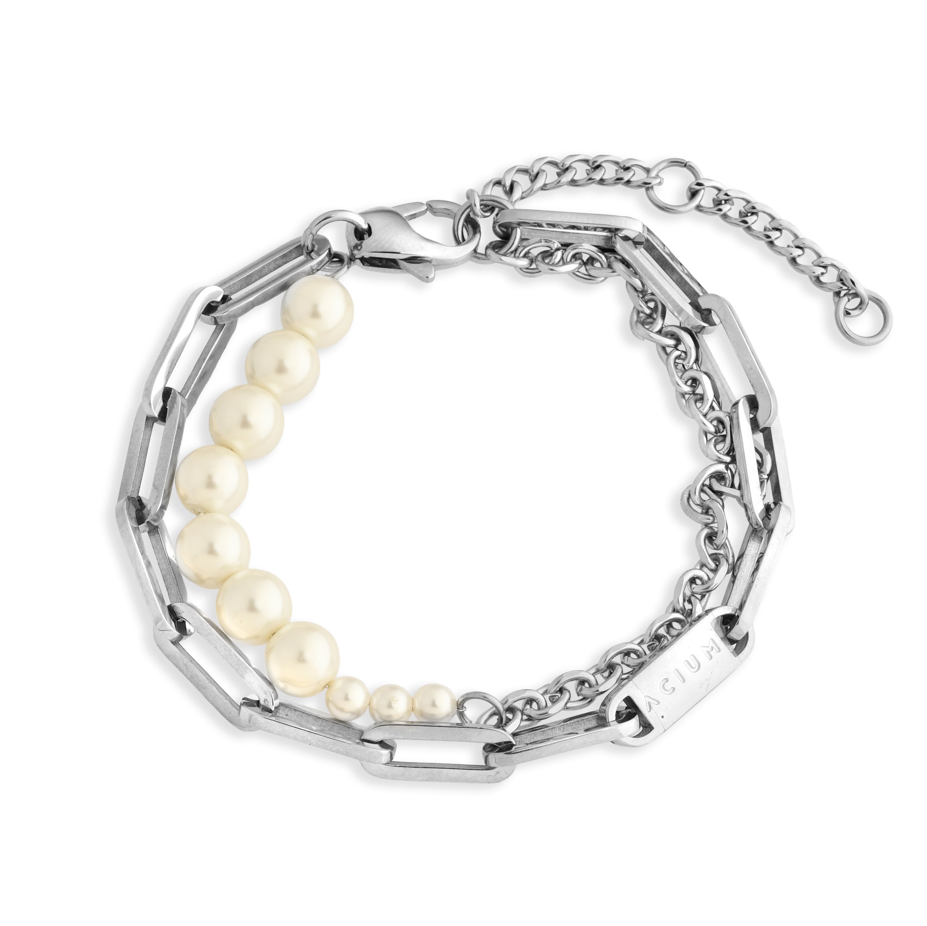 PULSEIRA PRIME DUPLO ELO GRUMET E CADEADA ALONGADA AÇO COM PÉROLAS