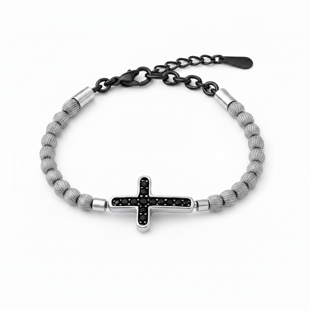 PULSEIRA PRIME ESFERAS EM AÇO PENDENTE CRUZ BLACK COM ZIRCÔNIAS