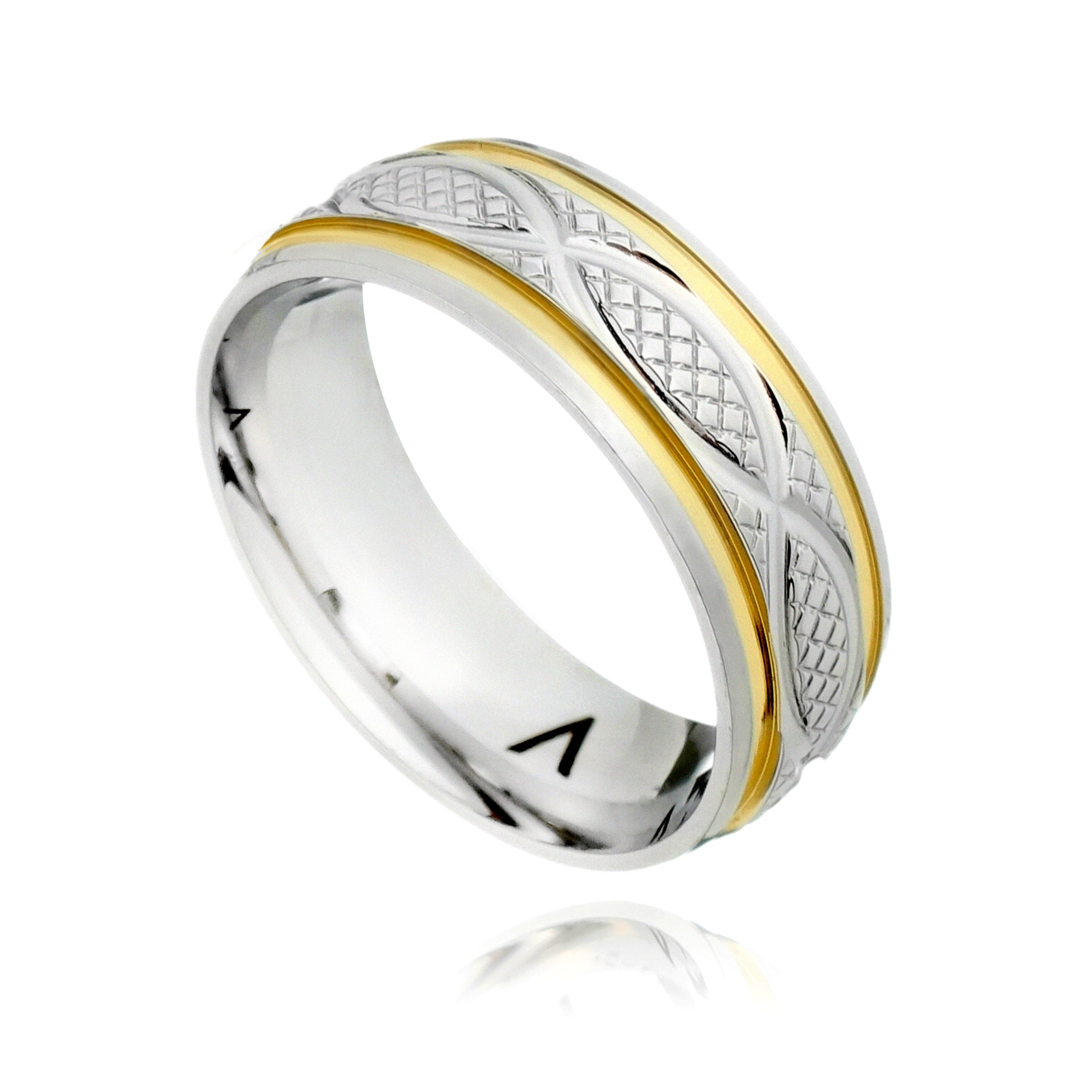 ALIANÇA BASIC AÇO COM DUPLO FILETE DOURADO E FRISO INFINITO 7MM
